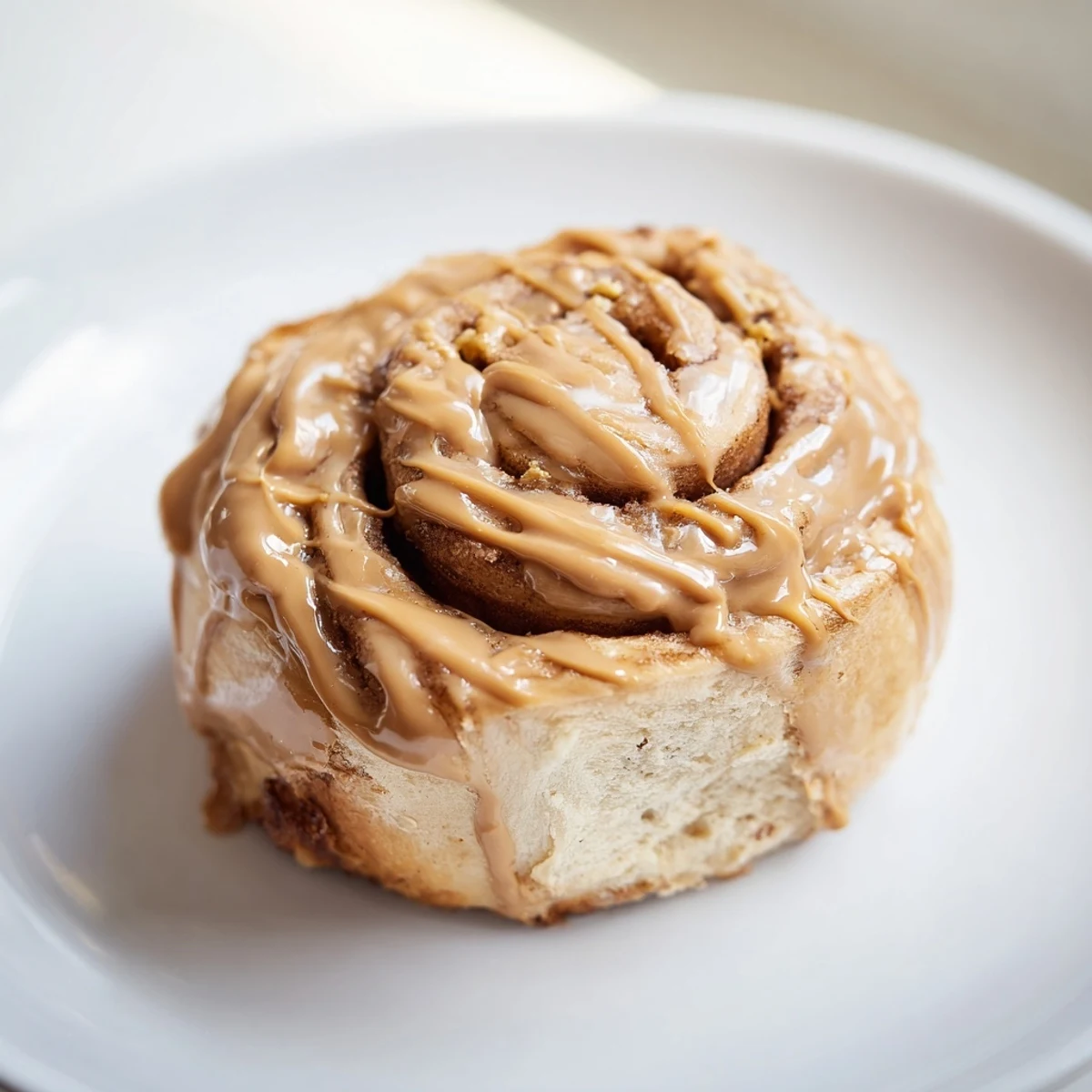 Warmly glazed Soft and Gooey Biscoff Cinnamon Rolls fresh from the oven on a rustic wooden table.