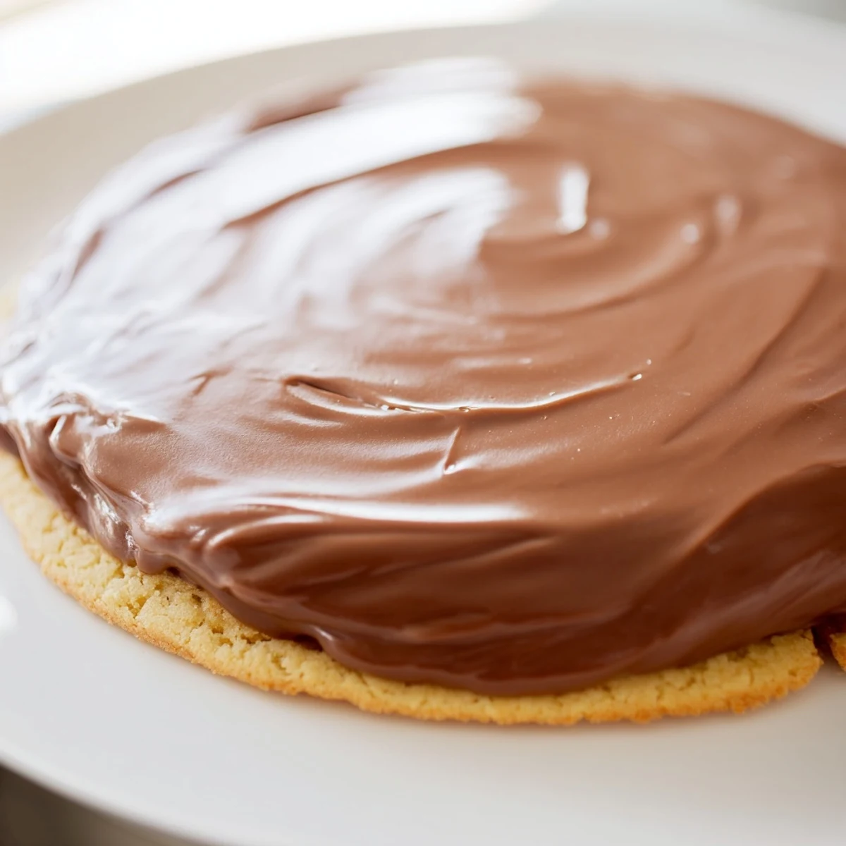 Close-up of Twix Cookies stacked on a white plate, rich chocolate glaze melting slightly beside a glass of milk.