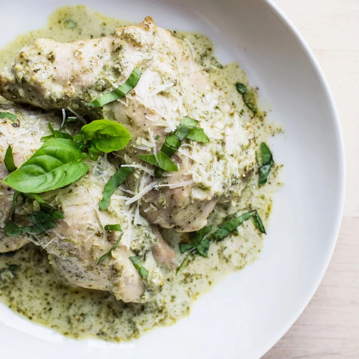 A serving of Pesto Ranch Crock Pot Chicken Thighs on a plate with fresh basil and steamed rice, smothered in creamy green sauce.