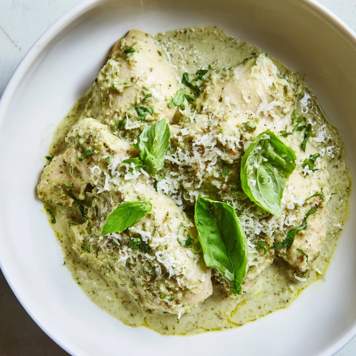 Overhead view of Pesto Ranch Crock Pot Chicken Thighs served alongside roasted vegetables, highlighting the vibrant green pesto and juicy meat.