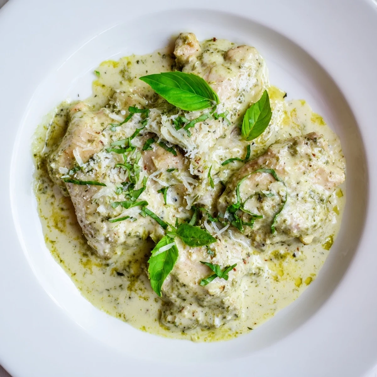 Close-up of tender Pesto Ranch Crock Pot Chicken Thighs garnished with grated Parmesan, resting in a creamy sauce inside the slow cooker.