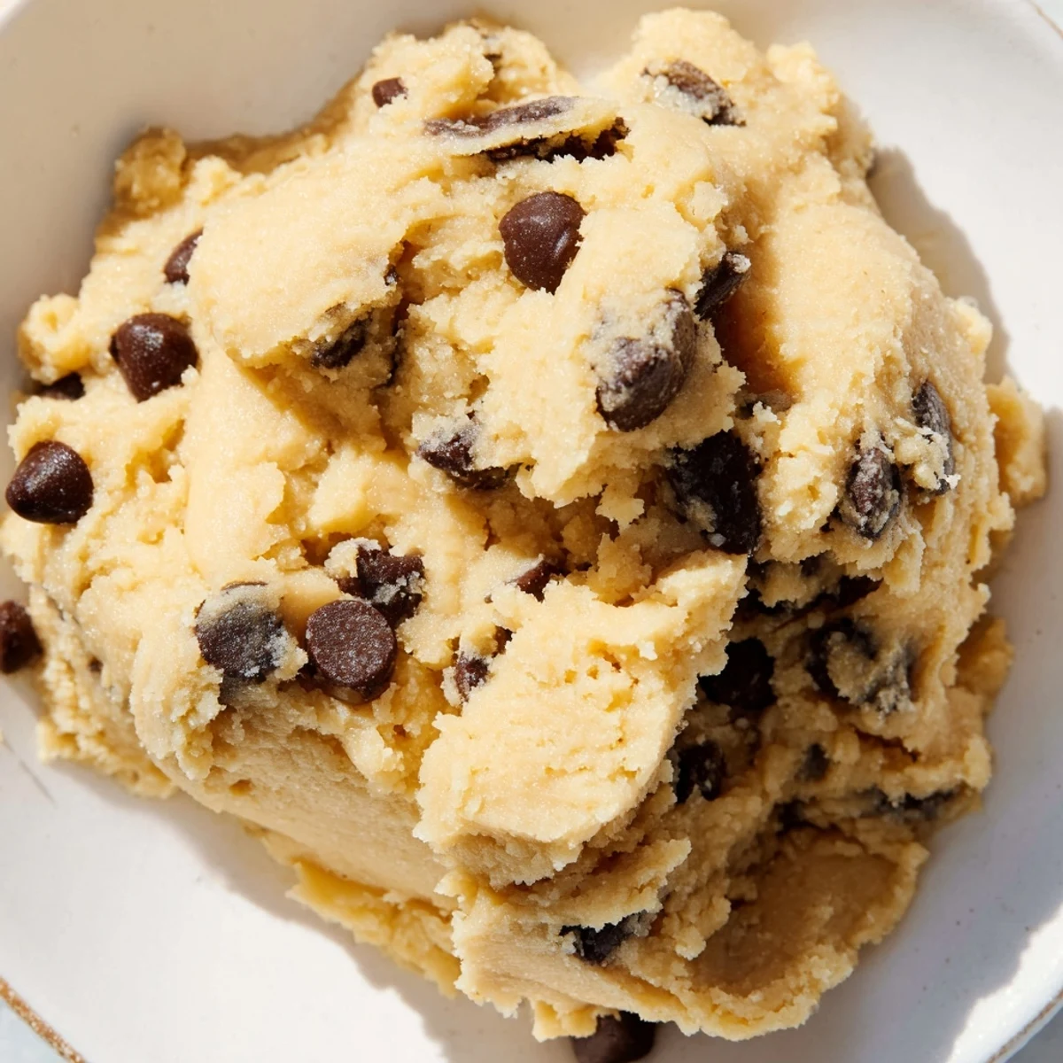 Creamy Edible Keto Cookie Dough with sugar-free chocolate chips, ready to scoop or chill for a firm bite.