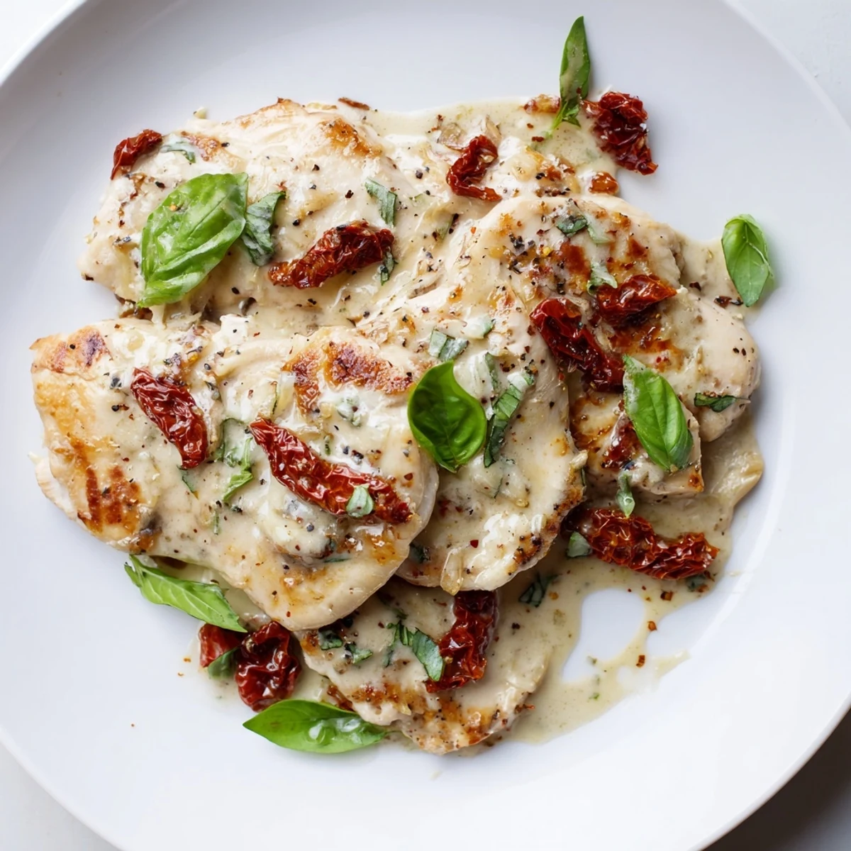 Savory Marry Me Slow Cooker Chicken Breast plated over pasta with fresh basil and a glass of Chardonnay.