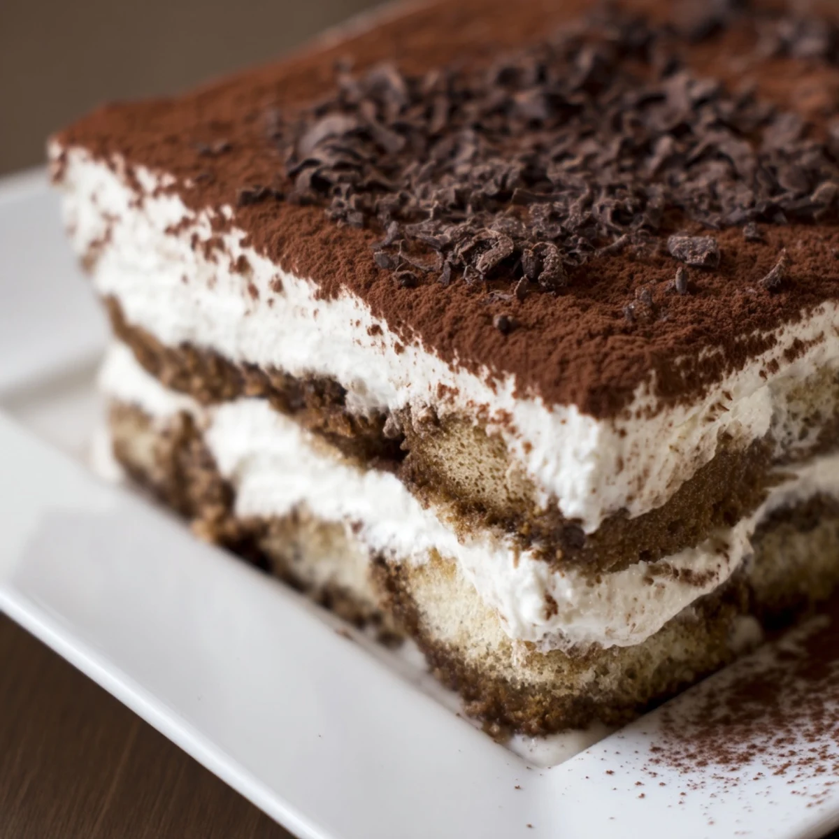 Close-up of Easy Tiramisu layered in a glass dish, dusted with cocoa powder and rich dark chocolate shavings.