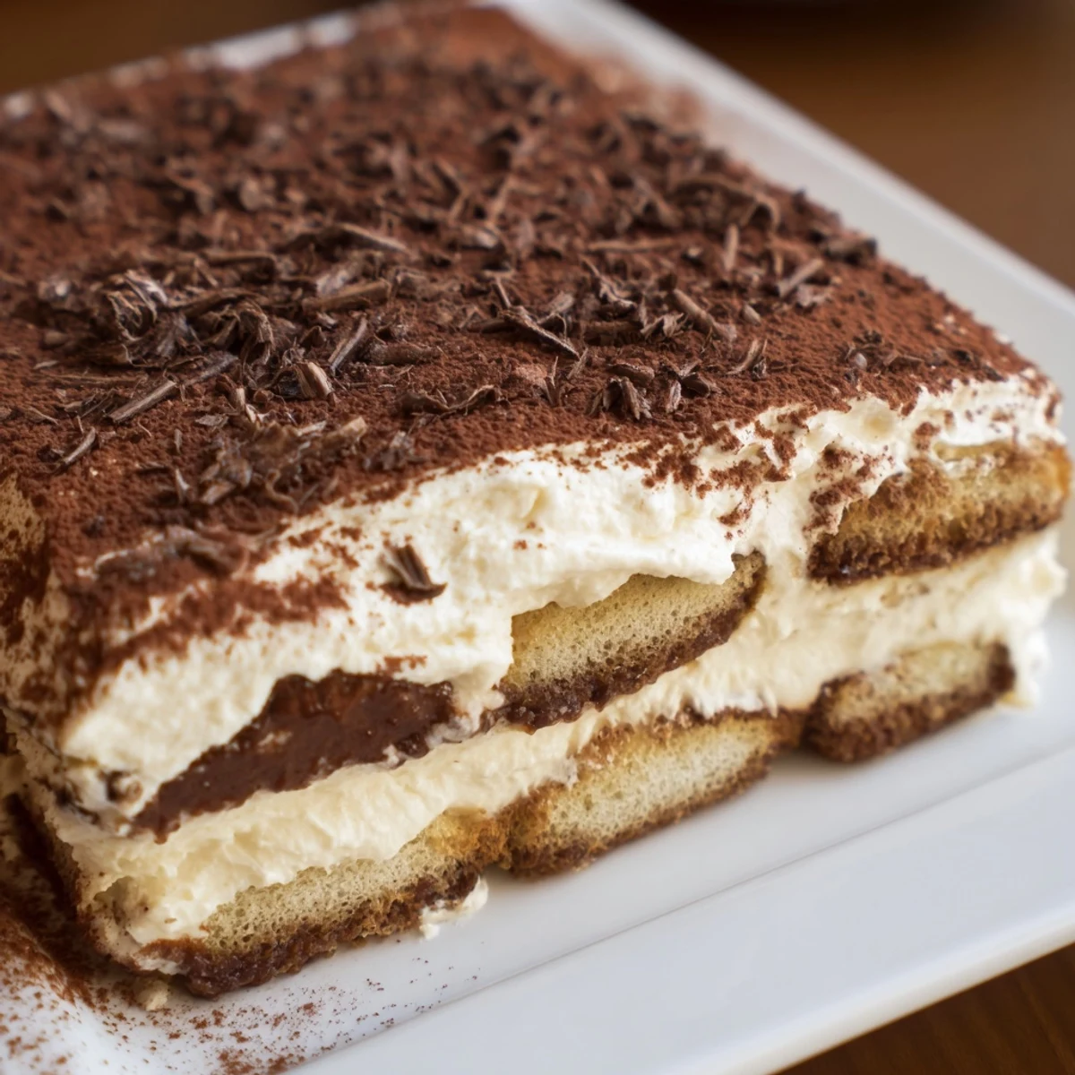 A chilled slice of Easy Tiramisu reveals coffee-soaked ladyfingers and velvety mascarpone filling, ready to enjoy.