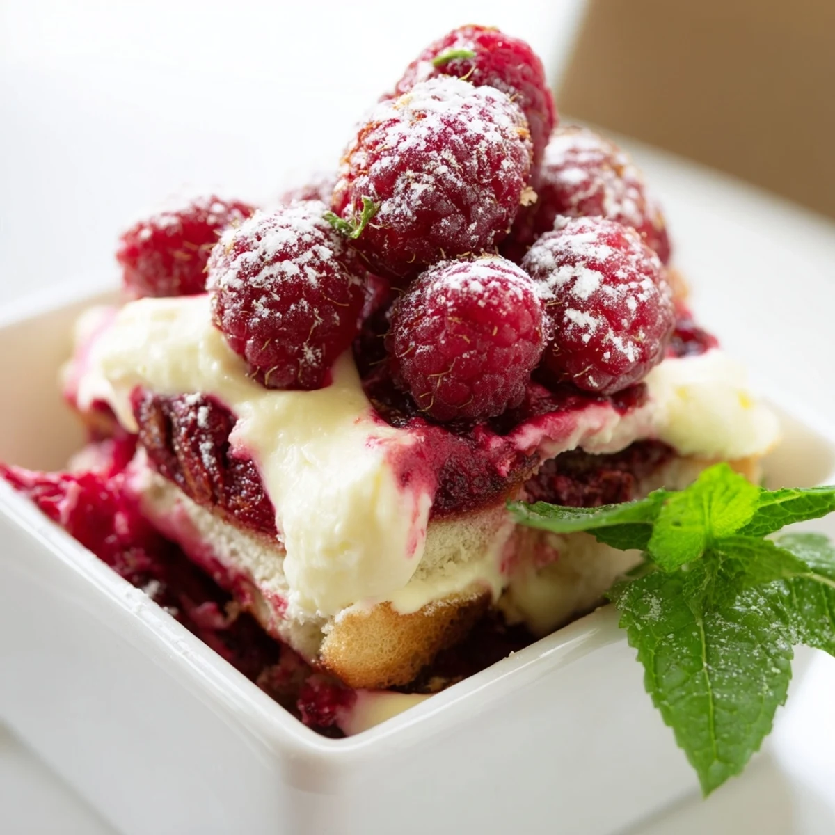 Fresh Raspberry Tiramisu layered with coffee-soaked ladyfingers, creamy mascarpone, and bright fresh raspberries.  