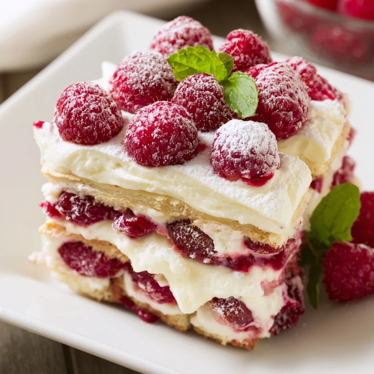 A chilled glass dish of Fresh Raspberry Tiramisu garnished with powdered sugar and mint leaves.  