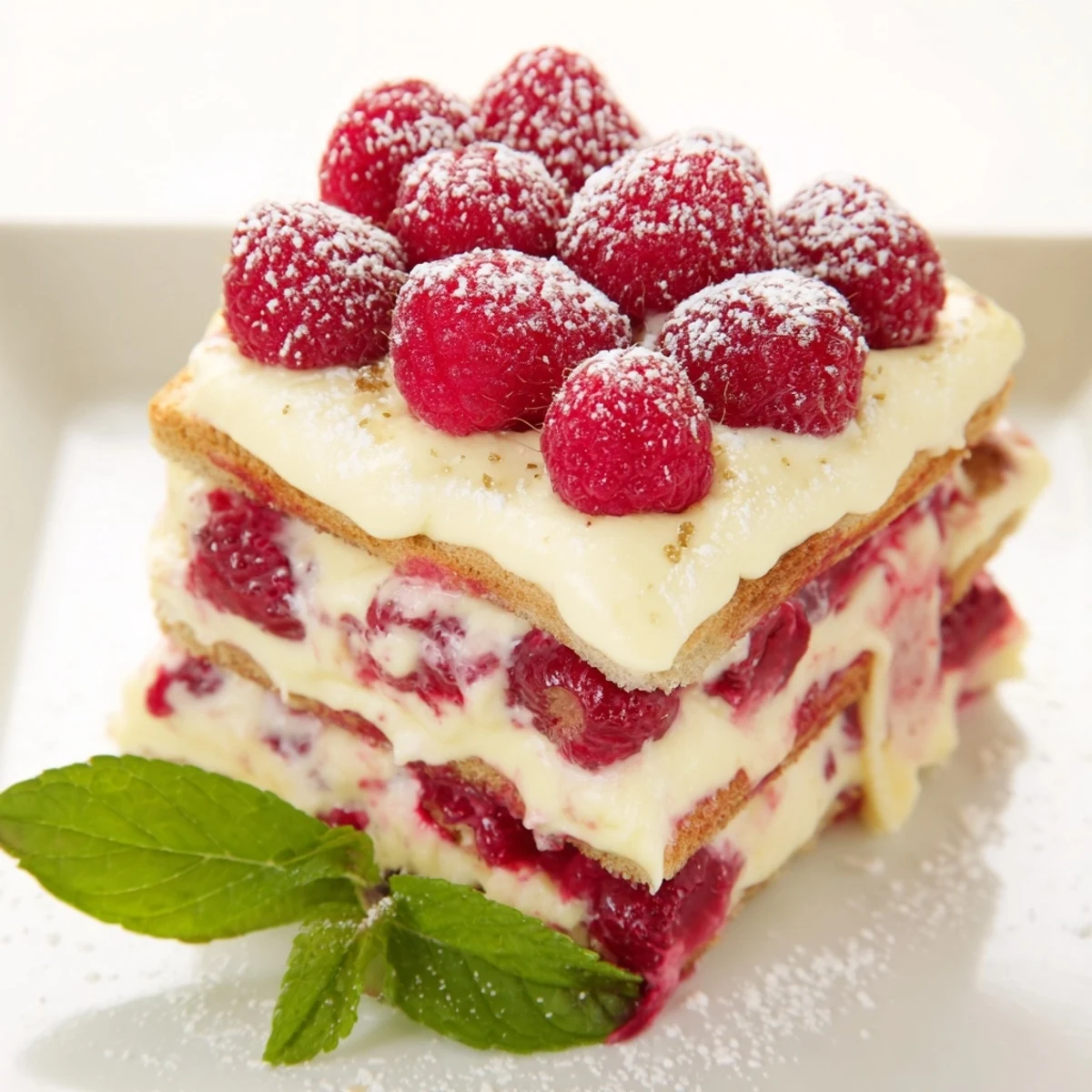 Serving suggestion for Fresh Raspberry Tiramisu with fresh berries on top and a cup of coffee.