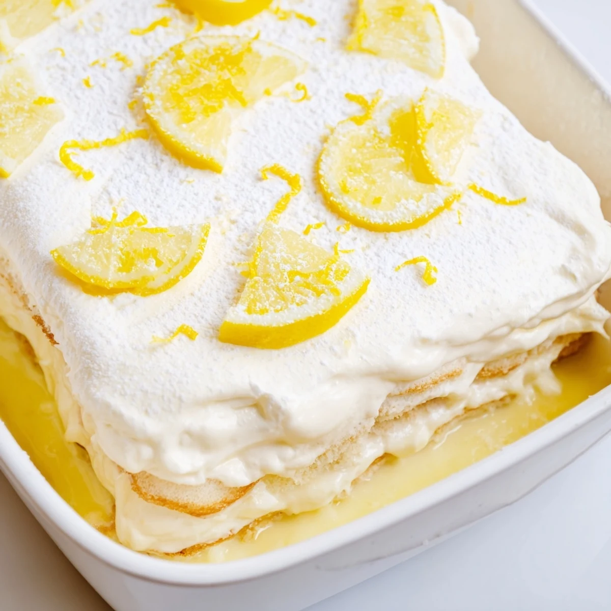 A chilled slice of Easy Lemon Tiramisu No Bake Dessert reveals bright yellow lemon zest and a creamy white layer on a serving plate.