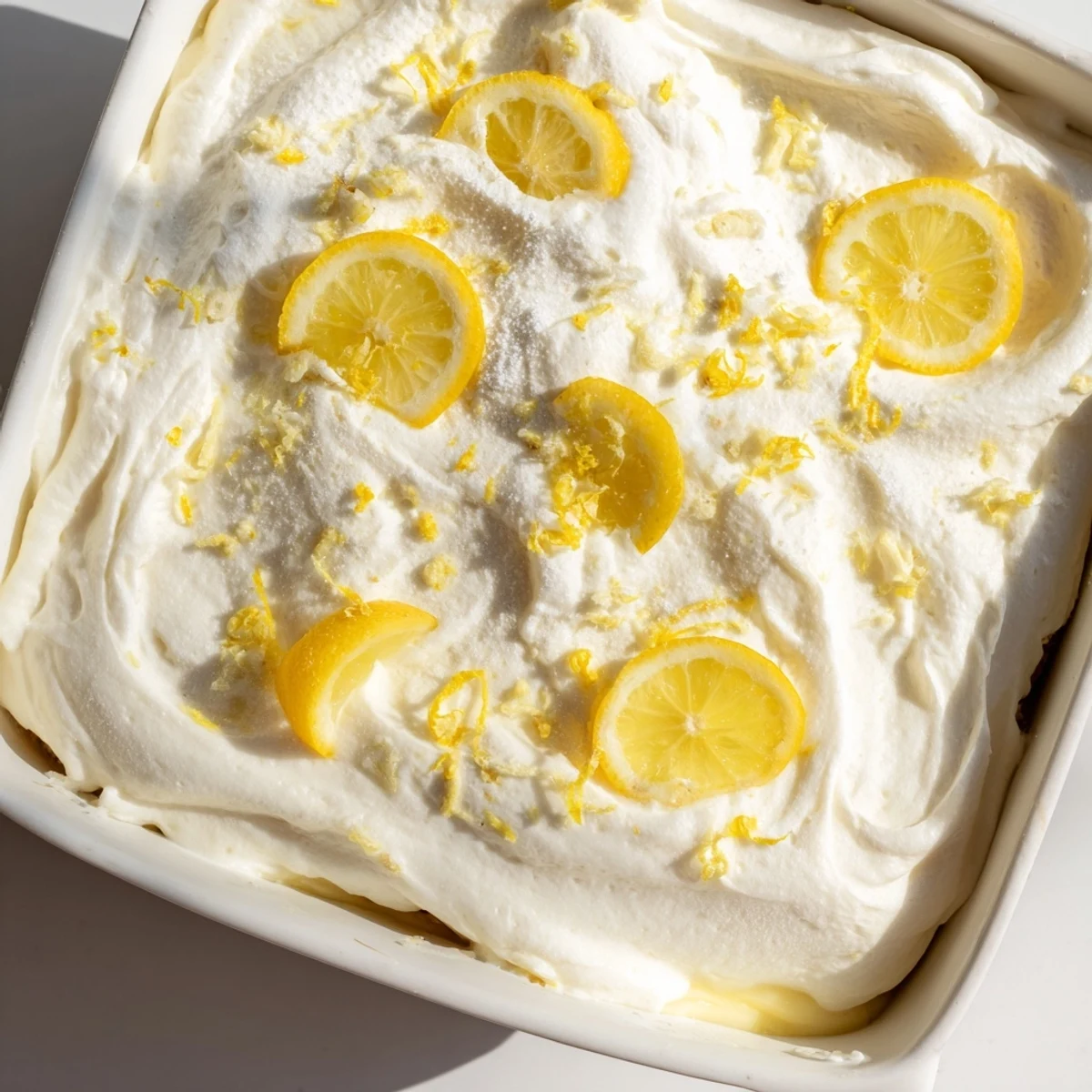 Golden ladyfingers and whipped mascarpone form the layers of this Easy Lemon Tiramisu No Bake Dessert, dusted with powdered sugar on top.