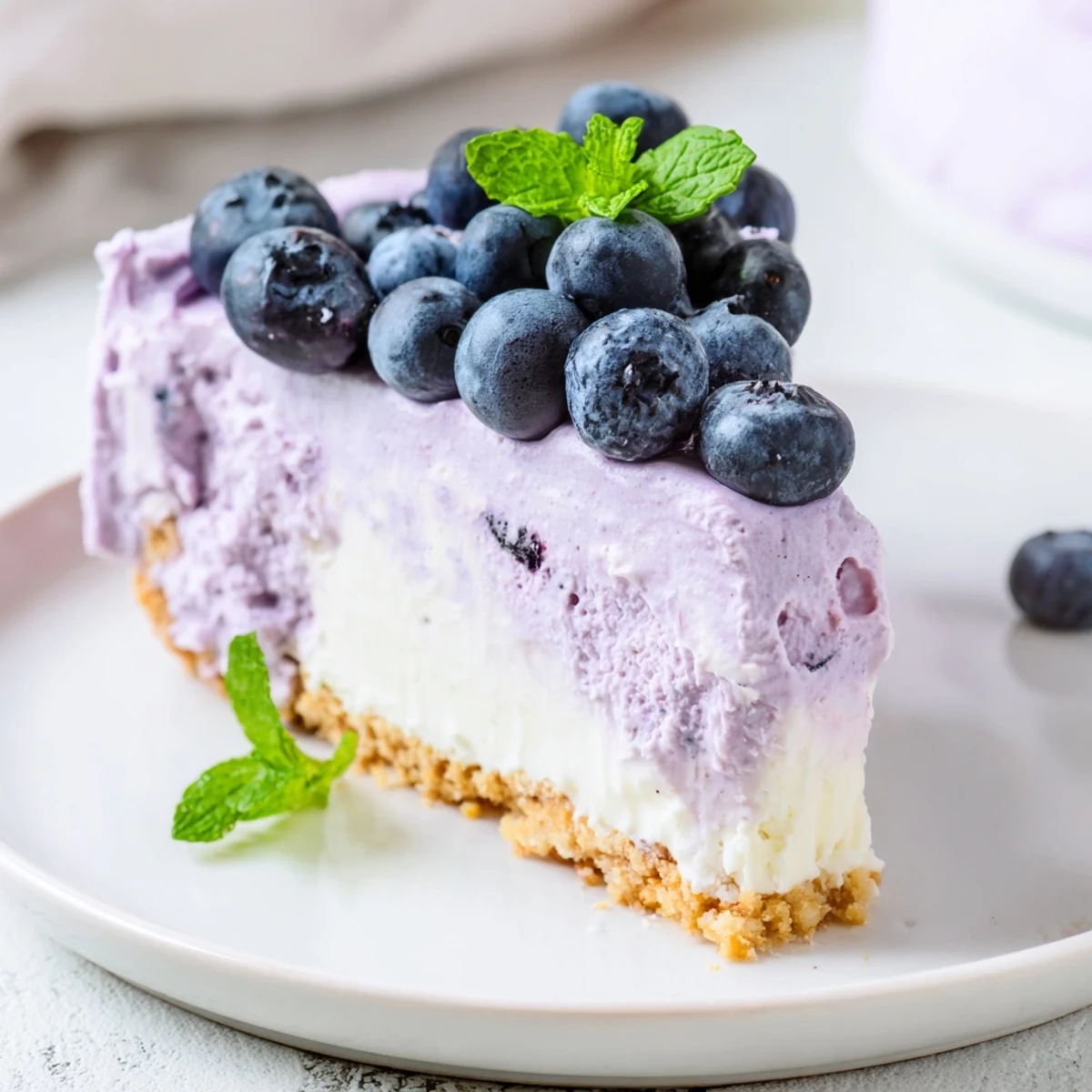 Freshly baked Blueberry Mousse Cheesecake topped with vibrant blueberry sauce, creamy filling, and fresh mint garnish.