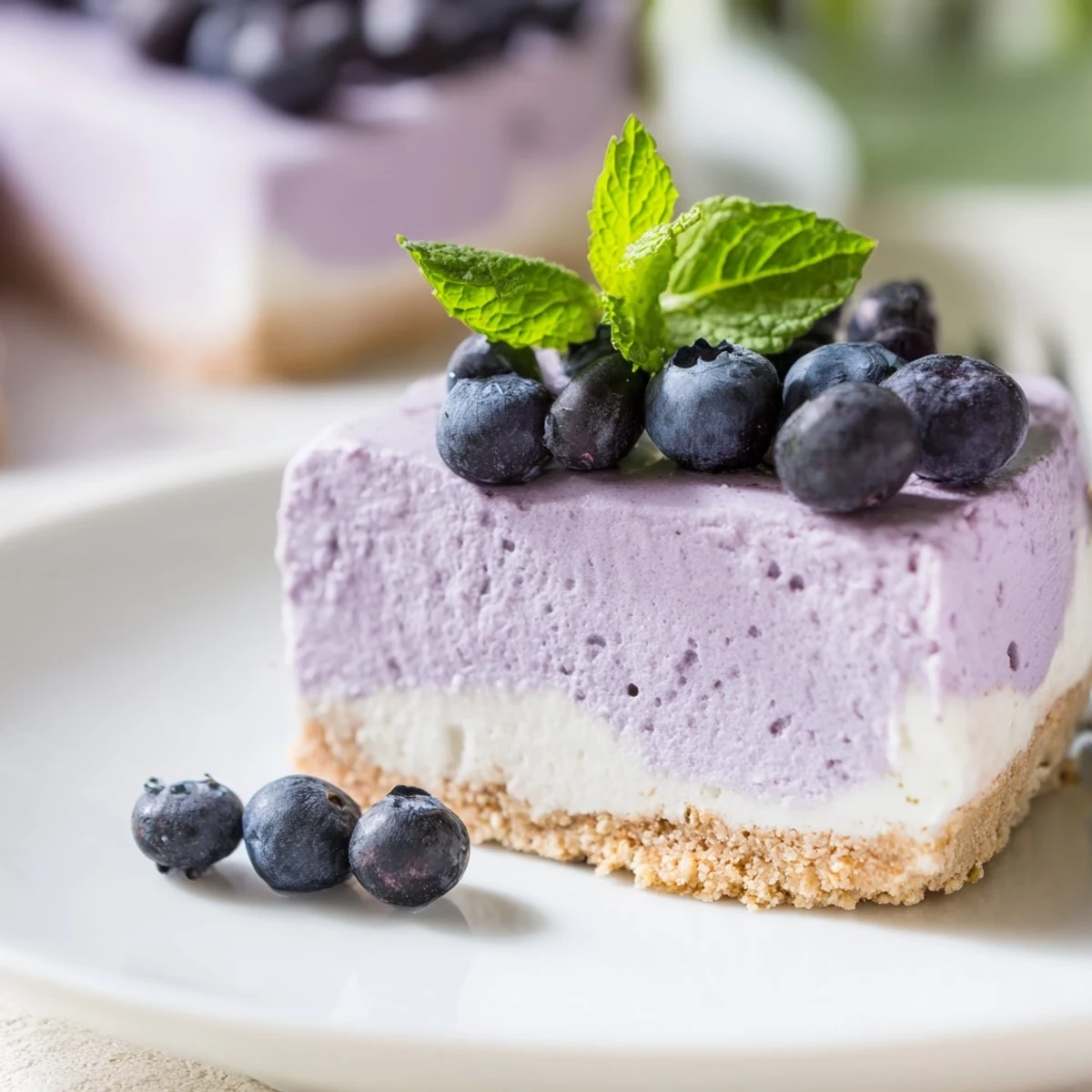 Decadent Blueberry Mousse Cheesecake served on a dessert plate with juicy blueberries and a drizzle of fruit syrup.