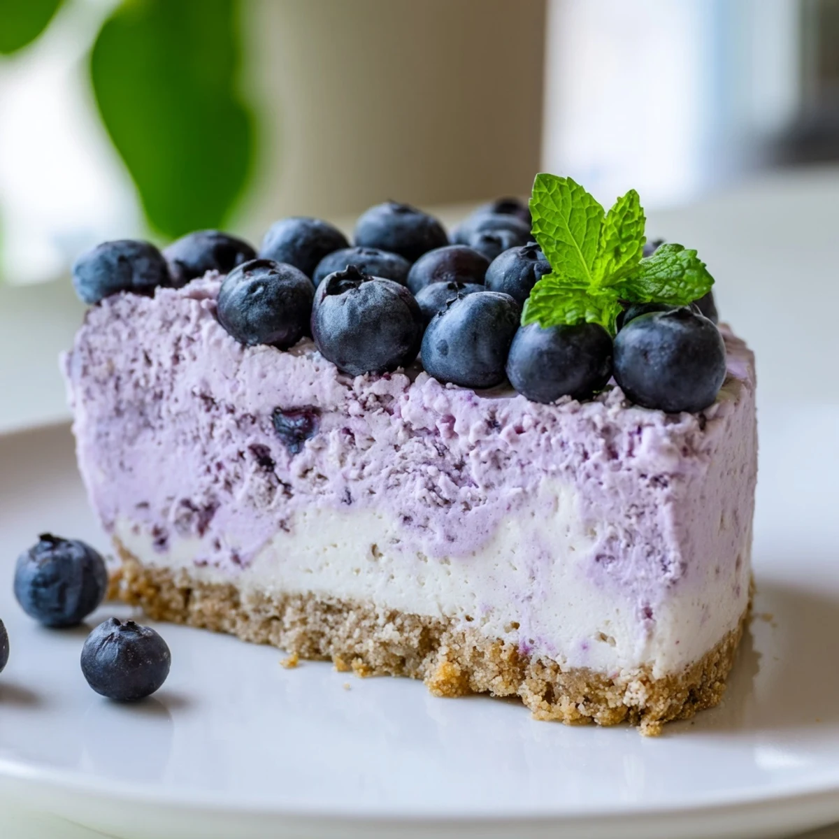 A chilled slice of Blueberry Mousse Cheesecake revealing a buttery graham cracker crust and airy mousse layer.