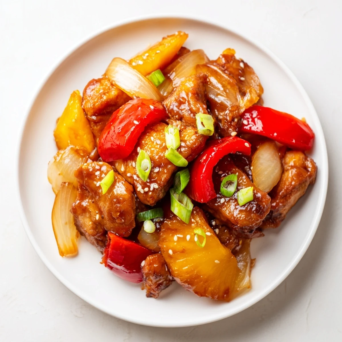 Tender chicken thighs slow-cooked in a glossy, sweet pineapple sauce with red bell peppers and onions in a crockpot.