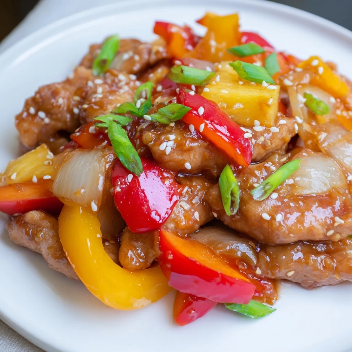 Savory and sweet shredded chicken coated in a thickened pineapple glaze, surrounded by vibrant vegetables, ready for an easy weeknight dinner.