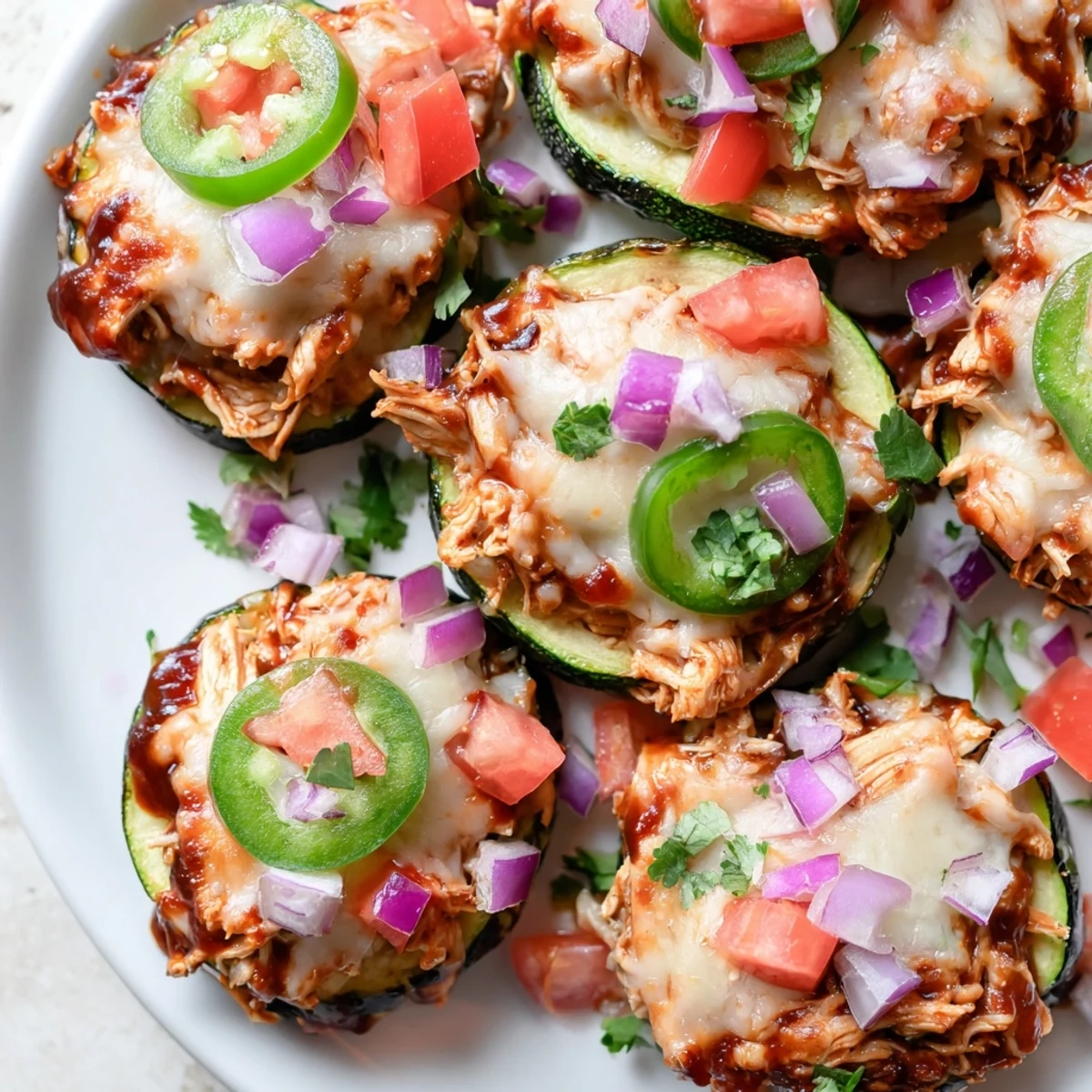 Roasted zucchini rounds loaded with smoky BBQ chicken, melty cheese, and fresh garnishes.