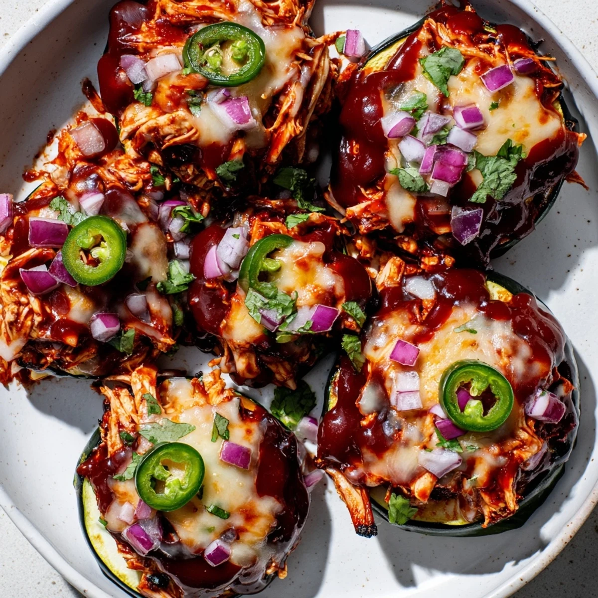 Cheesy BBQ Chicken Zucchini Nachos arranged on a platter with sour cream and lime.