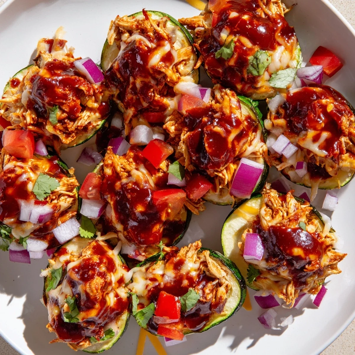 Appetizing low-carb Cheesy BBQ Chicken Zucchini Nachos topped with jalapeños and cilantro.
