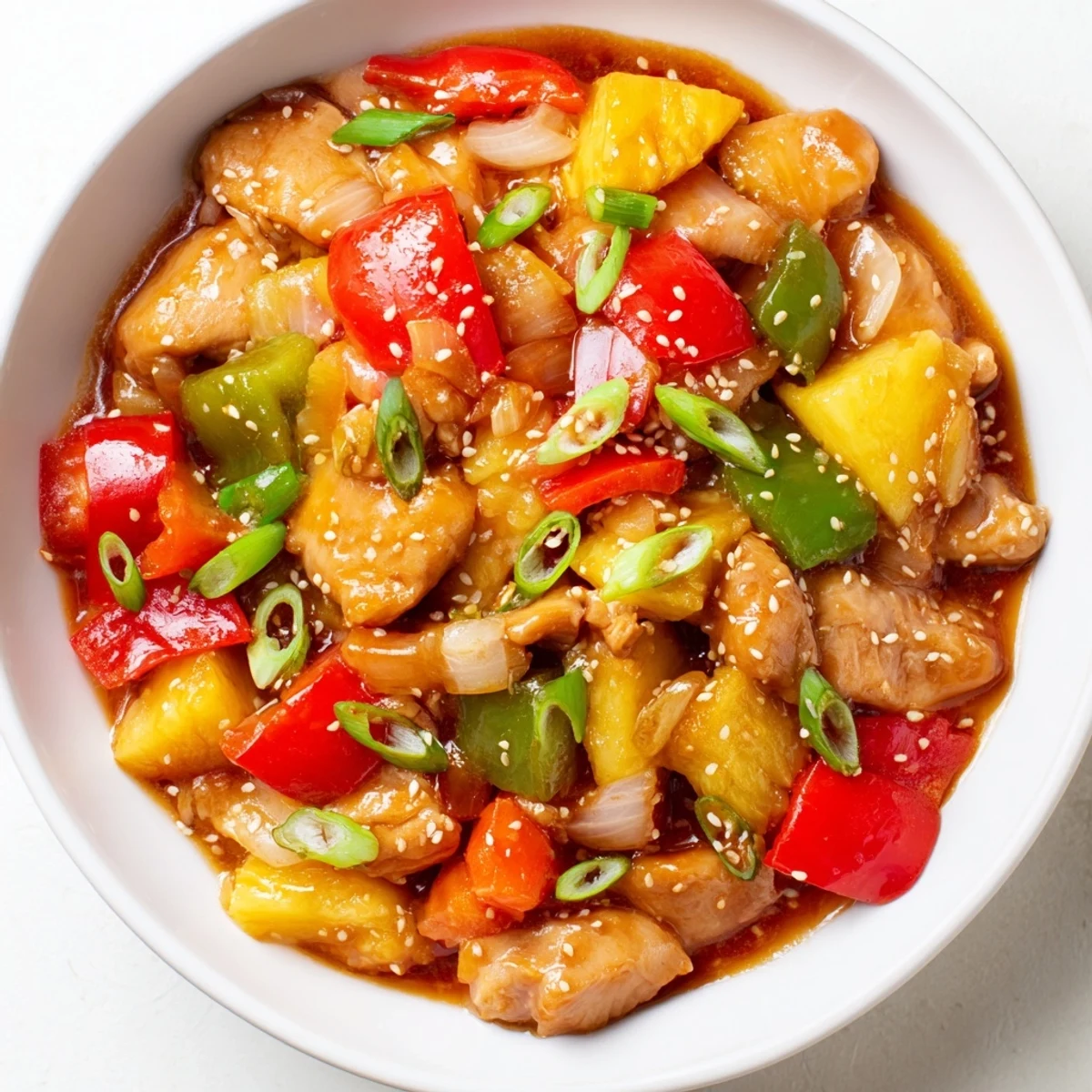 Slow cooker Hawaiian pineapple chicken with tender chicken thighs and colorful bell peppers in a glossy, tangy-sweet sauce.
