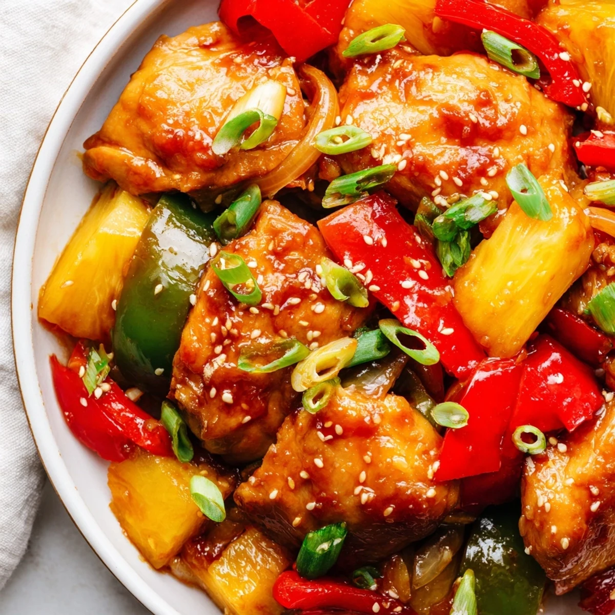 Family-style Slow cooker Hawaiian pineapple chicken in a ceramic insert, surrounded by pineapple chunks and vibrant peppers for a tropical dinner.