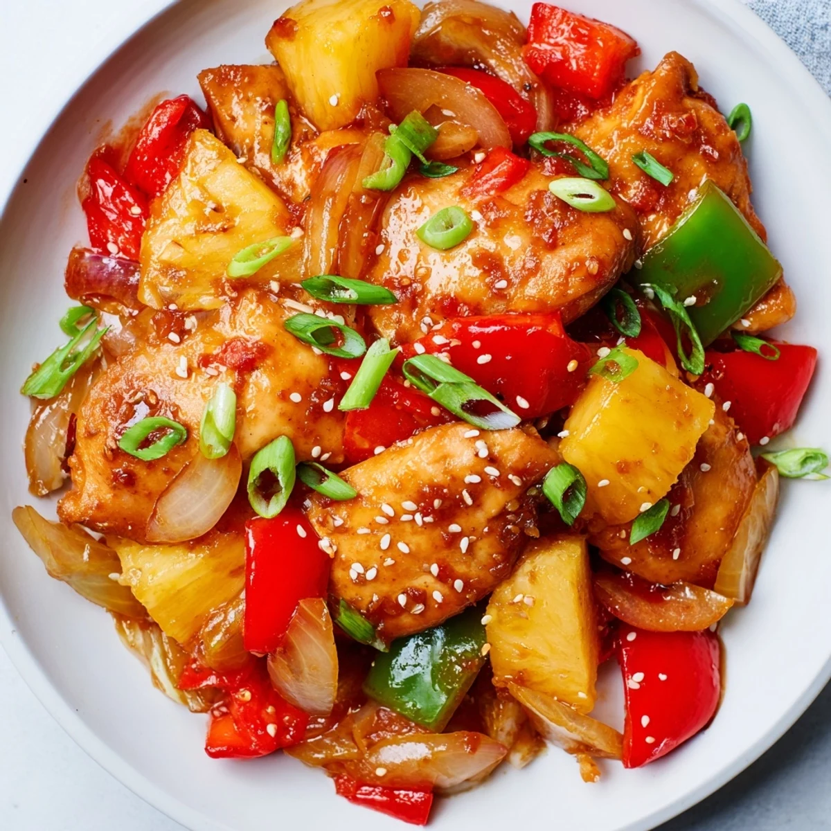 A close-up serving of Slow cooker Hawaiian pineapple chicken over steamed rice, garnished with green onions and sesame seeds.