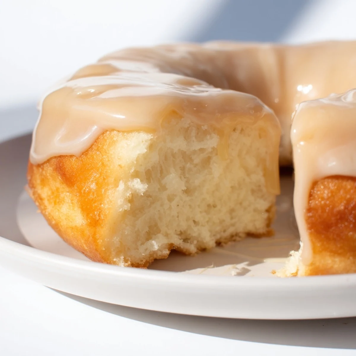 Freshly fried Maple Donut Bars piled high on a white plate, ready to be enjoyed as a breakfast treat.