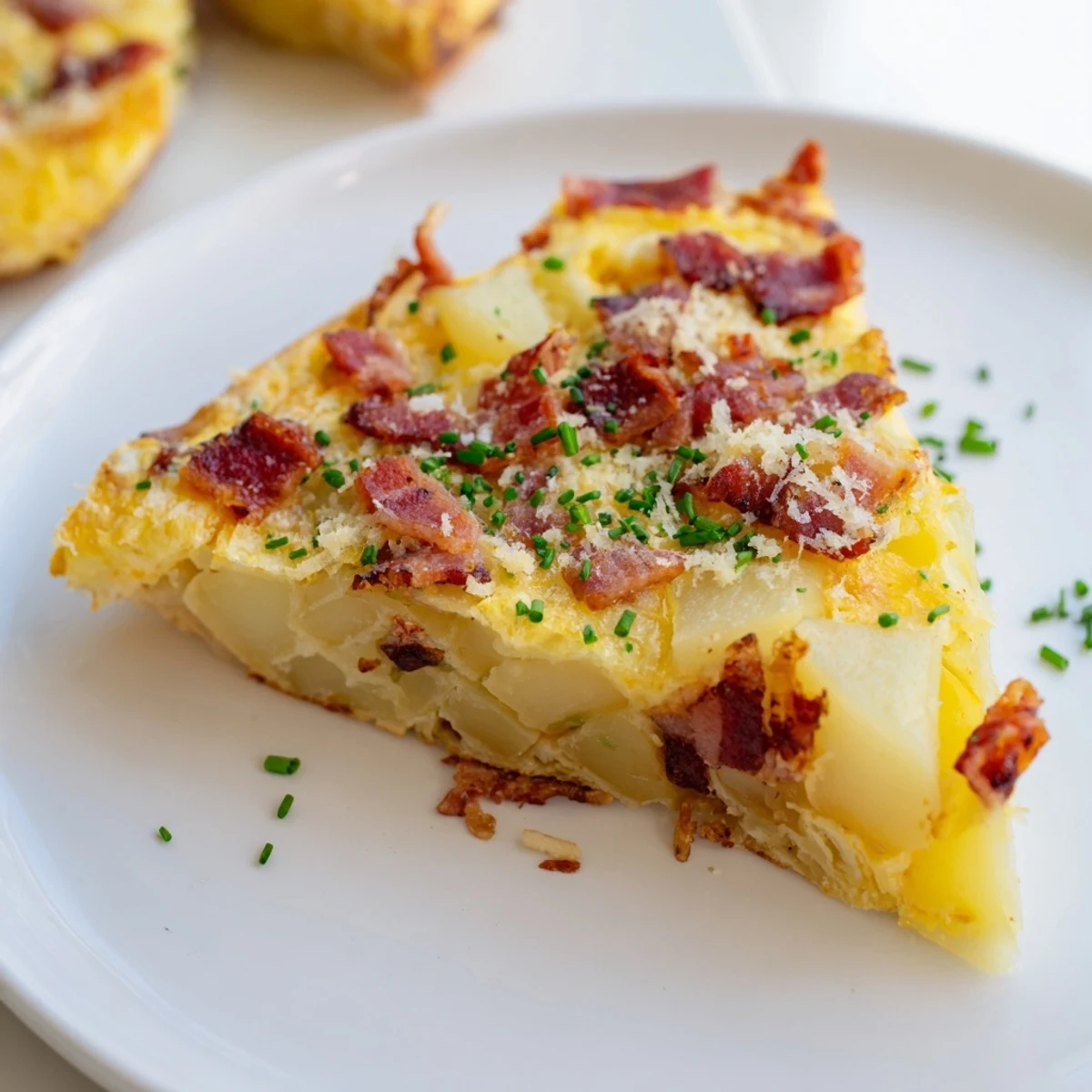Golden slices of Bacon Potato Frittata rest on a white plate, showcasing crispy bacon bits and melted Gruyère cheese.