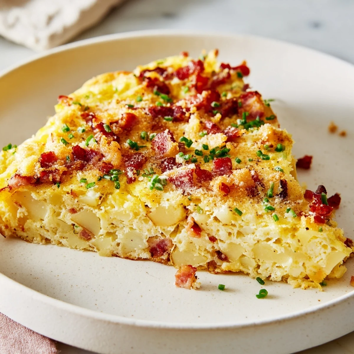 A close-up of Bacon Potato Frittata reveals fluffy eggs, tender Yukon Gold potatoes, and fresh chives garnish.