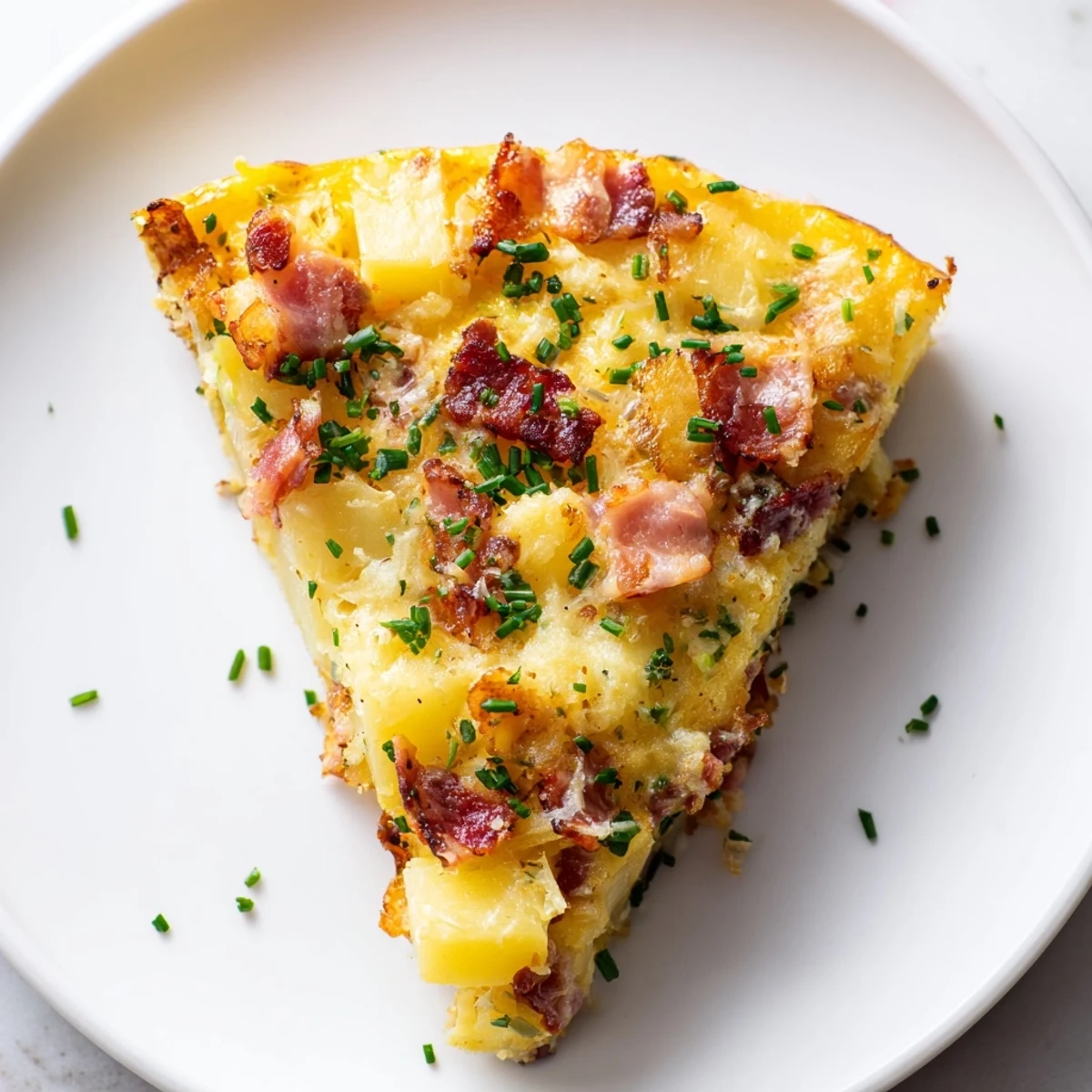 Cast iron skillet holds a savory Bacon Potato Frittata, cut into wedges ready for a hearty brunch serving.