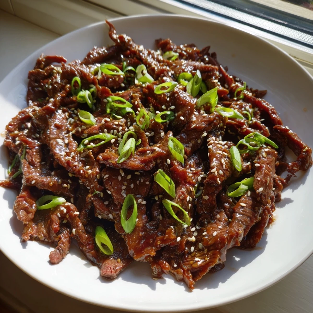 Steaming Ultimate Slow Cooker Mongolian Beef garnished with green onions and sesame seeds over white rice.