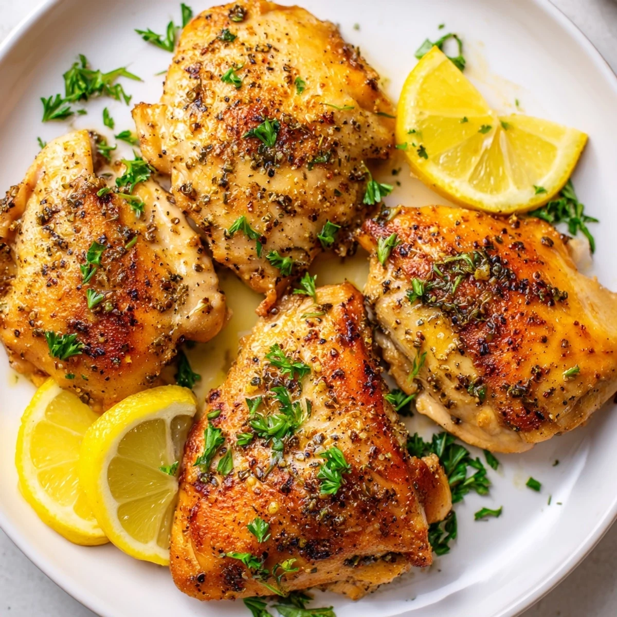 Golden-brown oven baked chicken breasts seasoned with garlic and paprika, resting on a white plate ready to serve.