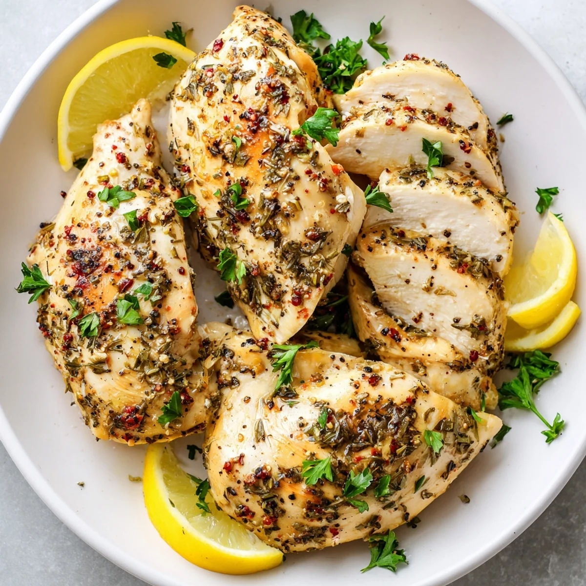 Seasoned oven baked chicken breasts sliced on a cutting board showing tender, juicy interior, perfect for a healthy meal.