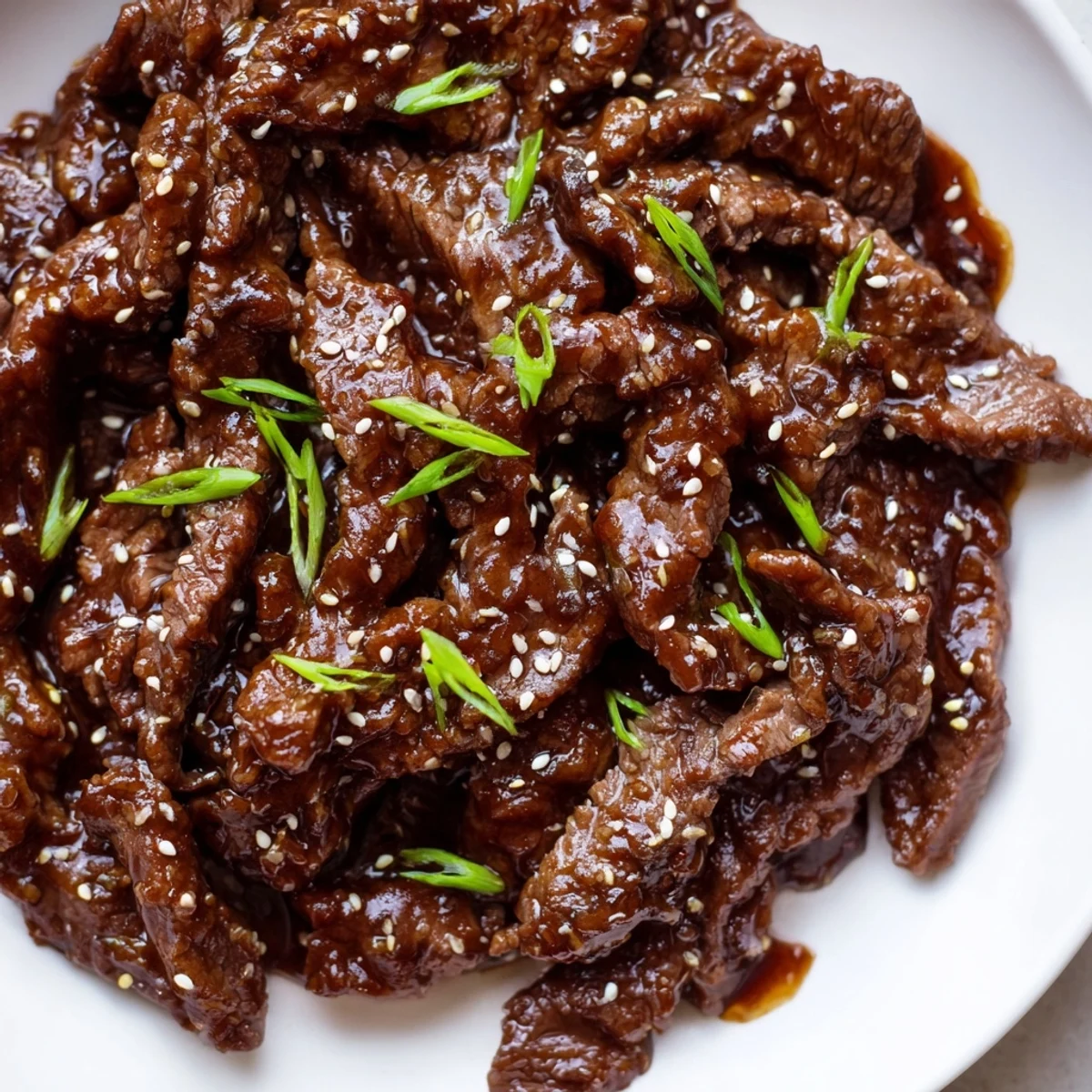 Tender slices of Ultimate Slow Cooker Mongolian Beef glistening in savory-sweet sauce, ready to serve over fluffy rice.