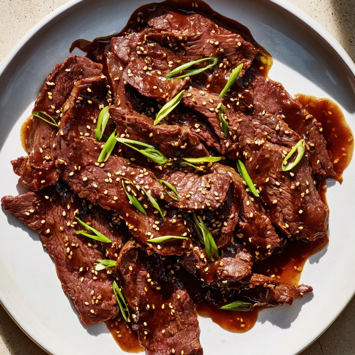 Ultimate Slow Cooker Mongolian Beef garnished with green onions and sesame seeds in a cozy home kitchen.