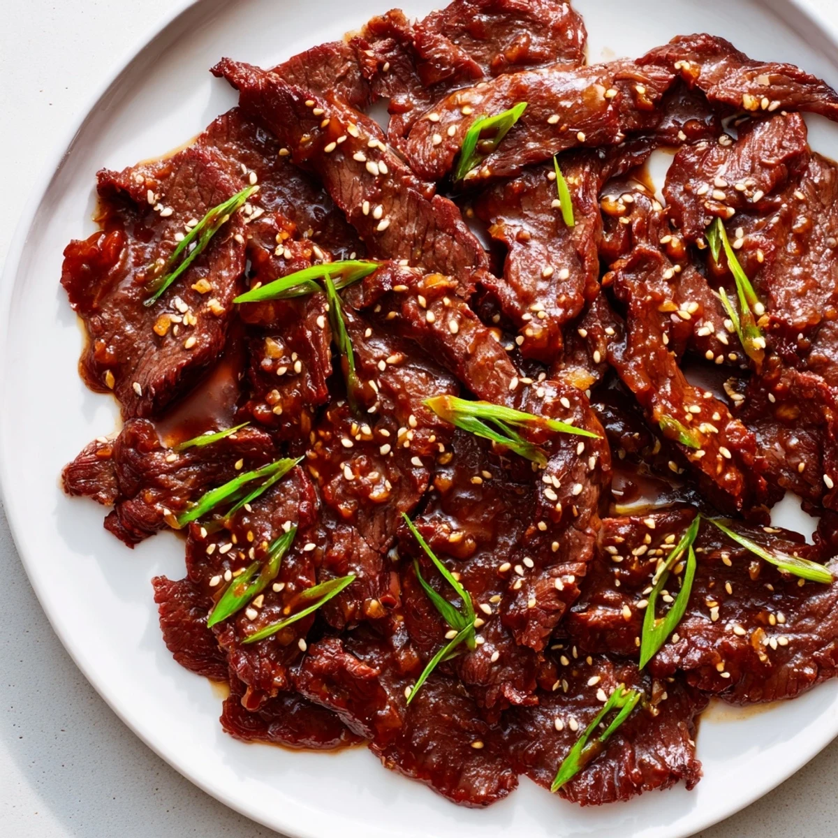 Close-up of Ultimate Slow Cooker Mongolian Beef with rich glaze, highlighting juicy beef and aromatic garlic and ginger.