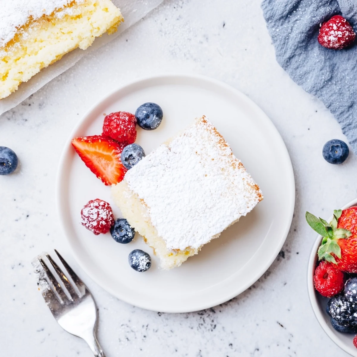 A close-up slice of Fluffy Yogurt Cloud Cake reveals its delicate, airy crumb and dusted powdered sugar top on a rustic wooden table. 