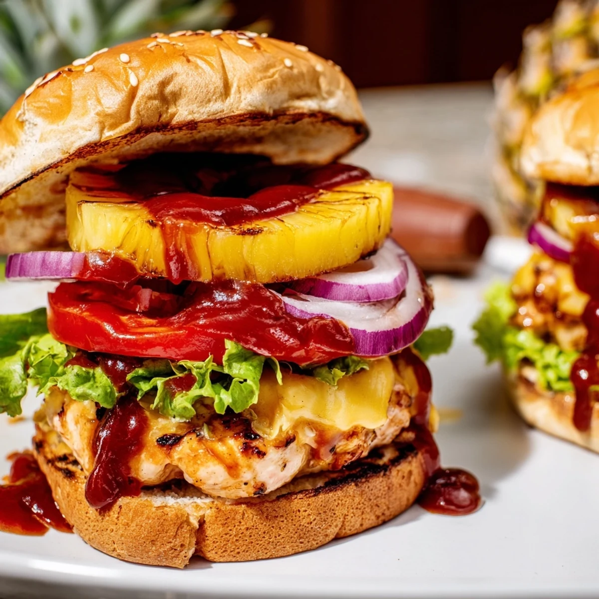 A juicy Hawaiian Pineapple Chicken Burger with grilled pineapple rings on a toasted bun and fresh veggies.