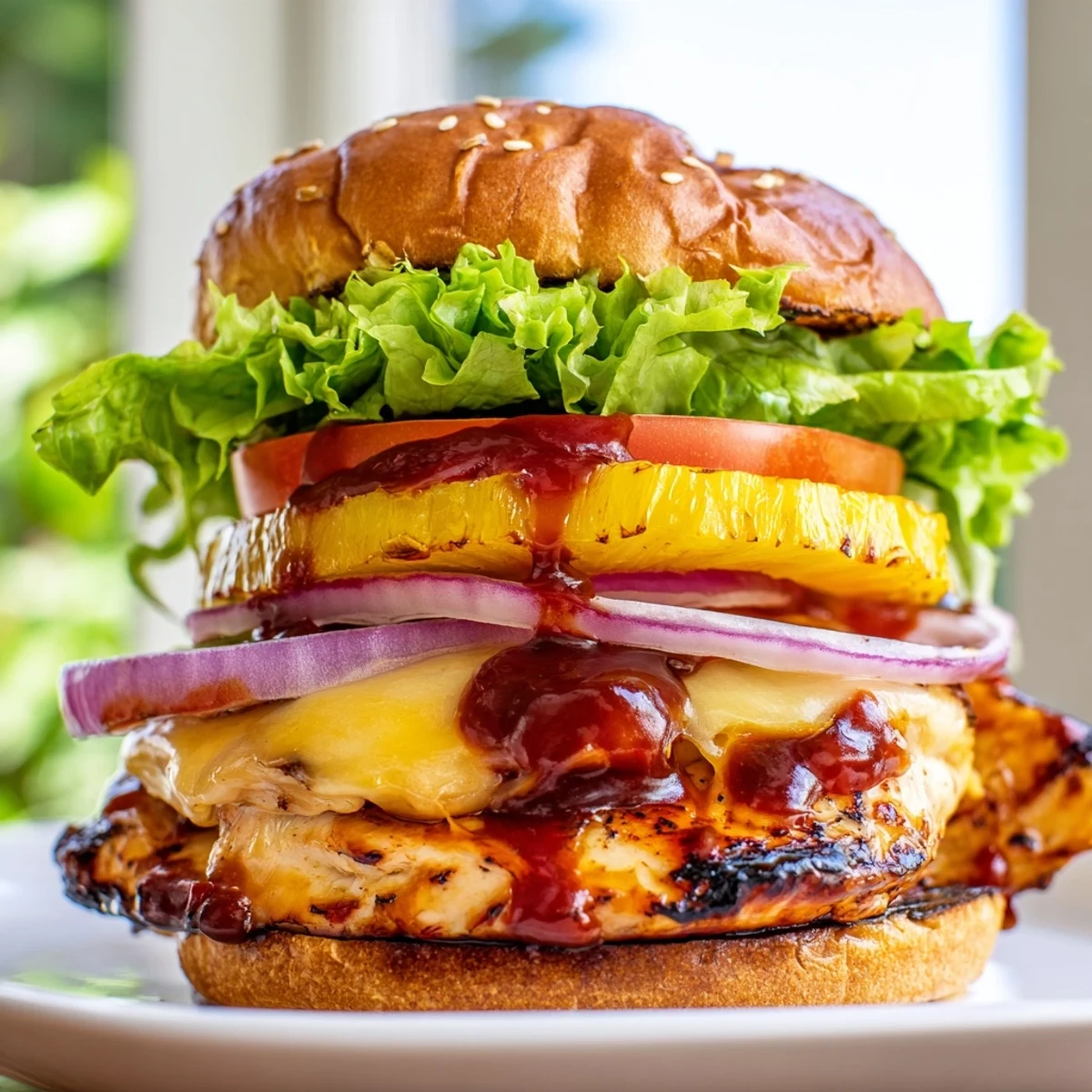 The grilled Hawaiian Pineapple Chicken Burger reveals caramelized pineapple and melted cheese on a soft bun.