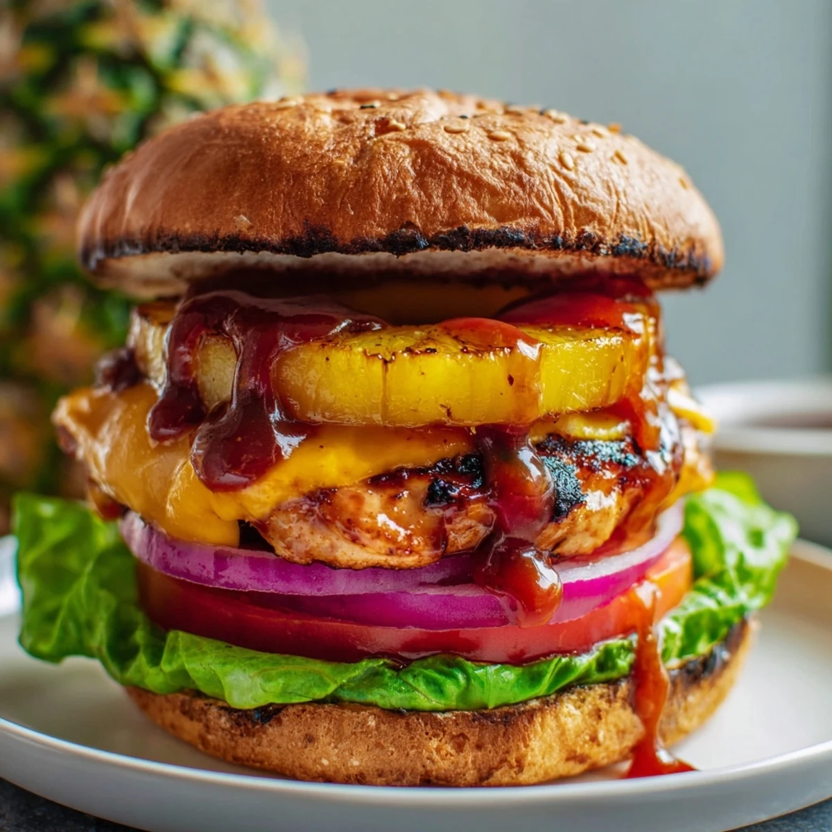 Close-up of a Hawaiian Pineapple Chicken Burger stacked with lettuce, tomato, onion, and barbecue sauce.