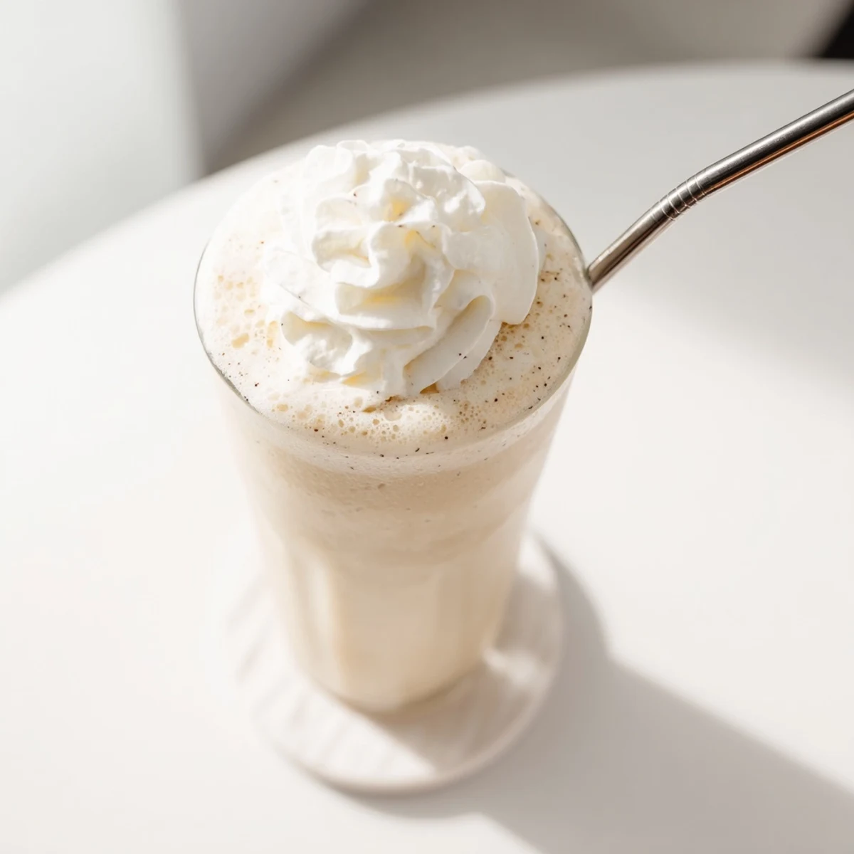 Creamy vanilla bean frappuccino topped with whipped cream in a tall glass, with ice cubes and a straw visible.