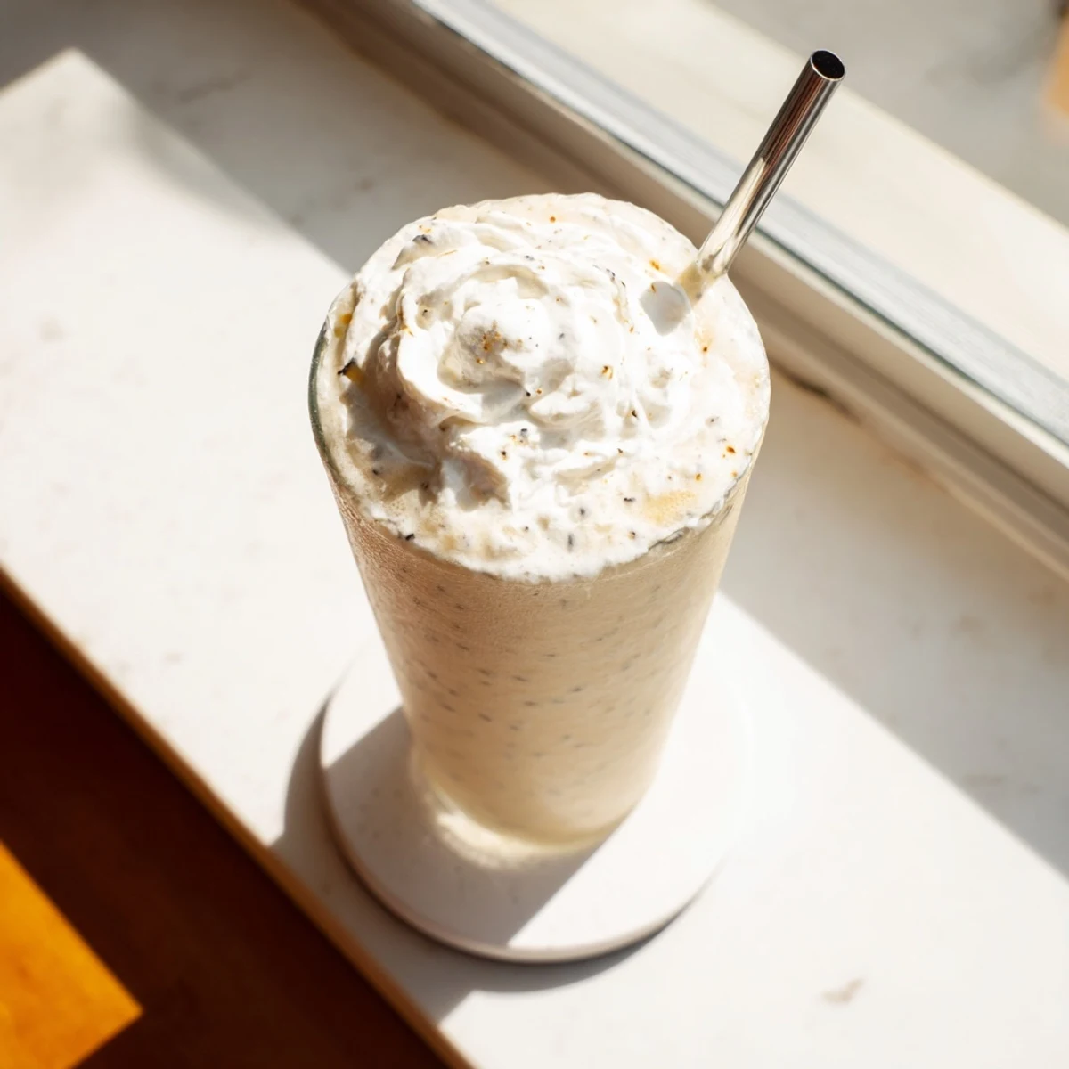 Two glasses of homemade vanilla bean frappuccino on a wooden table, garnished with whipped cream and a vanilla bean pod.
