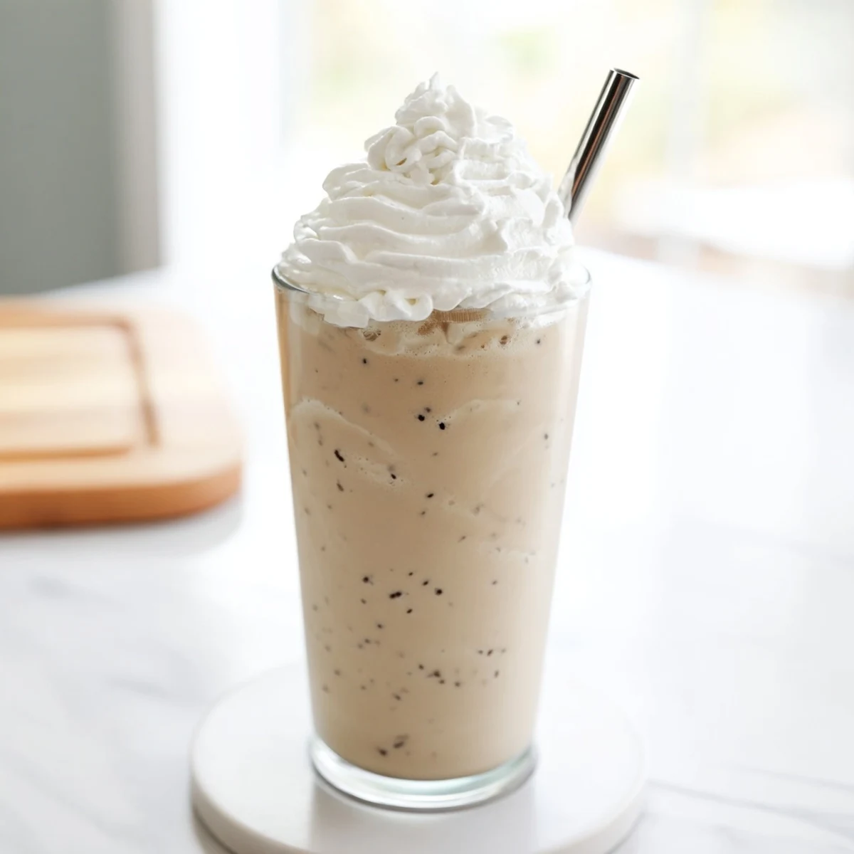Refreshing blended vanilla bean frappuccino served over ice, capturing a creamy texture perfect for a hot summer day.