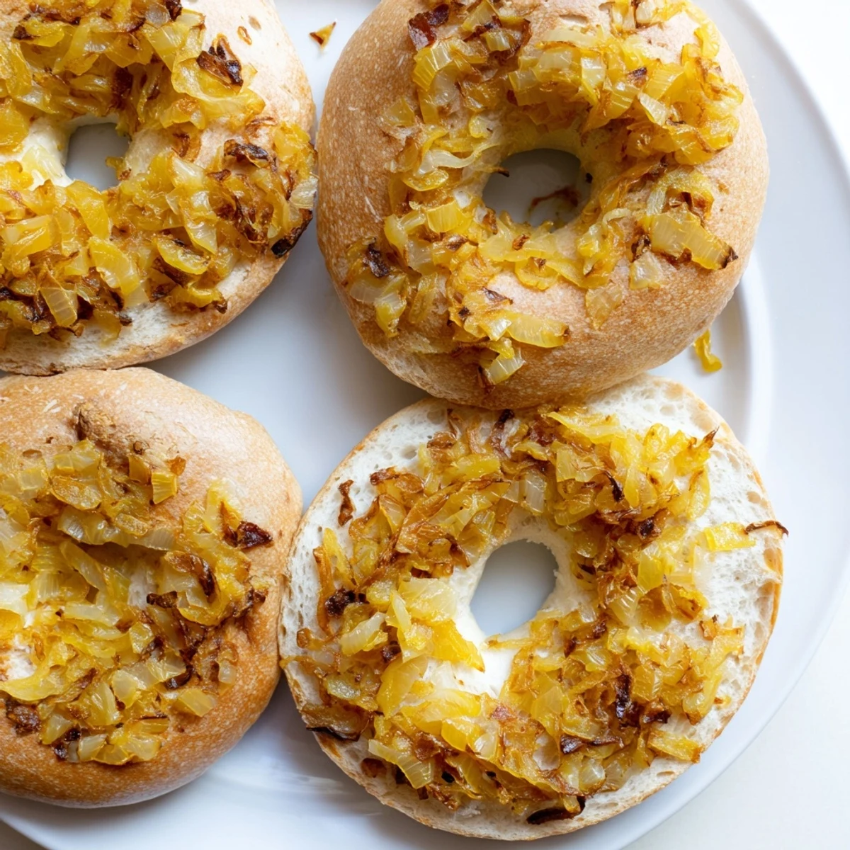 Golden-brown Sourdough Onion Bagels topped with sweet caramelized onions, served on a rustic wooden cutting board.