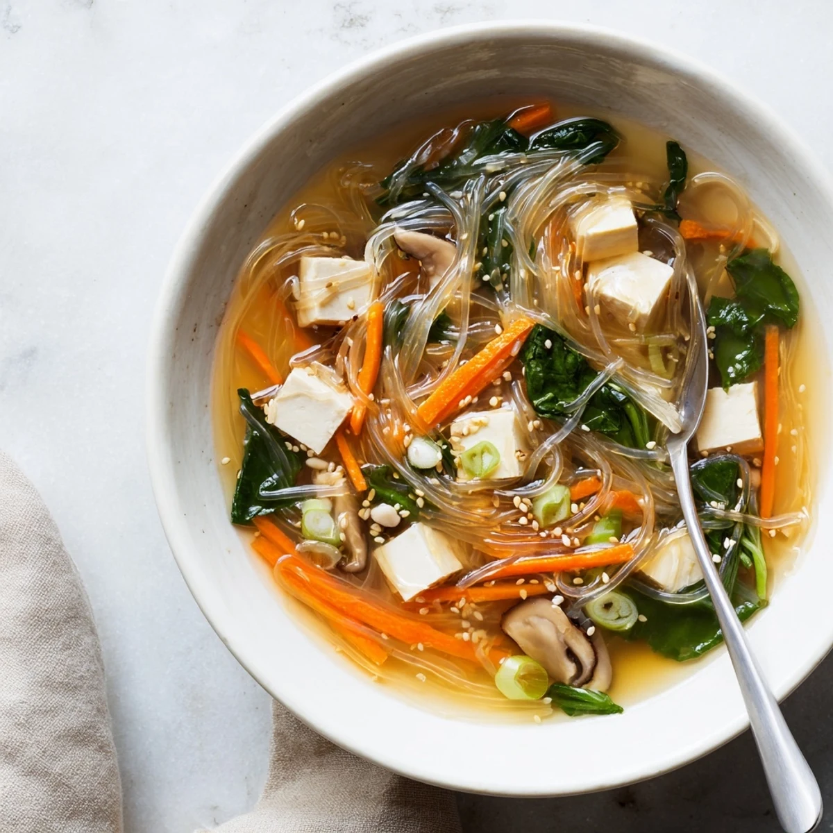 A close-up of Japanese Harusame Noodle Soup with translucent glass noodles, sliced shiitake mushrooms, and fresh spinach in a savory dashi broth. 