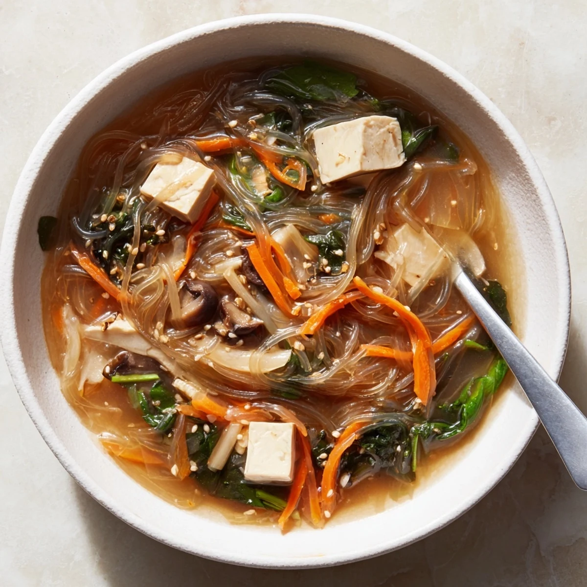 Steaming Japanese Harusame Noodle Soup in a ceramic bowl garnished with sesame seeds and julienned carrots, served for a healthy lunch. 