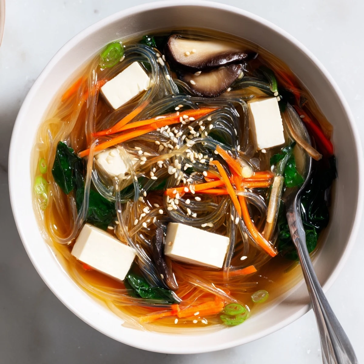 Overhead view of Japanese Harusame Noodle Soup featuring tender tofu cubes, vibrant vegetables, and a clear broth ready to enjoy.