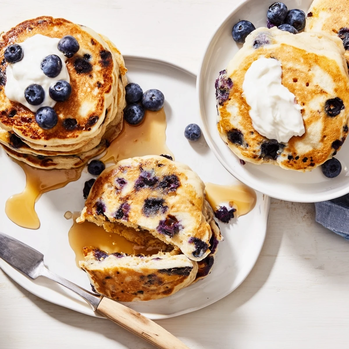 Fluffy Greek Yogurt Blueberry Pancakes stack high with golden edges and burst of fresh blueberries on a plate.