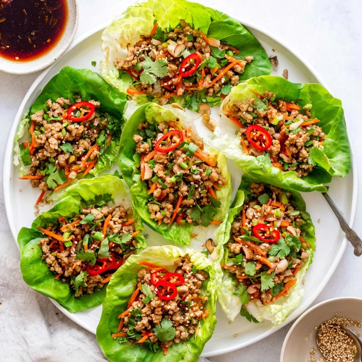 Steamed potsticker chicken lettuce boats filled with savory ground chicken and crunchy vegetables in crisp butter lettuce leaves.