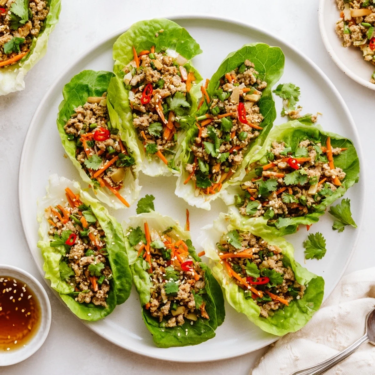 Fragrant potsticker chicken lettuce boats garnished with sesame seeds and cilantro, served with a tangy dipping sauce on the side.