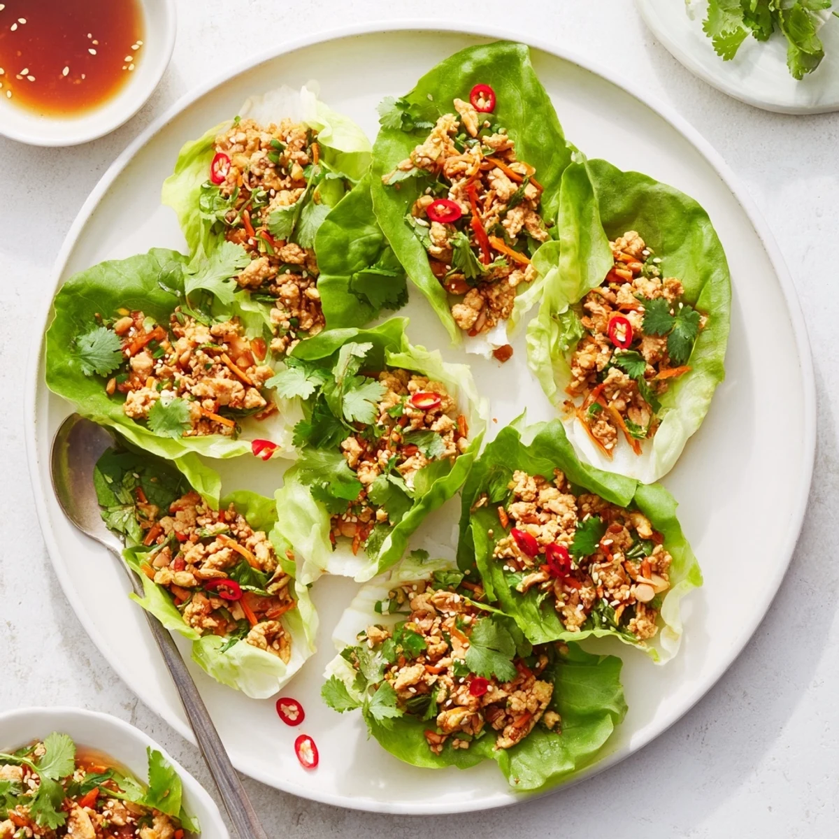 Freshly cooked potsticker chicken lettuce boats displayed on a platter, featuring juicy Asian-inspired chicken filling in lettuce cups.
